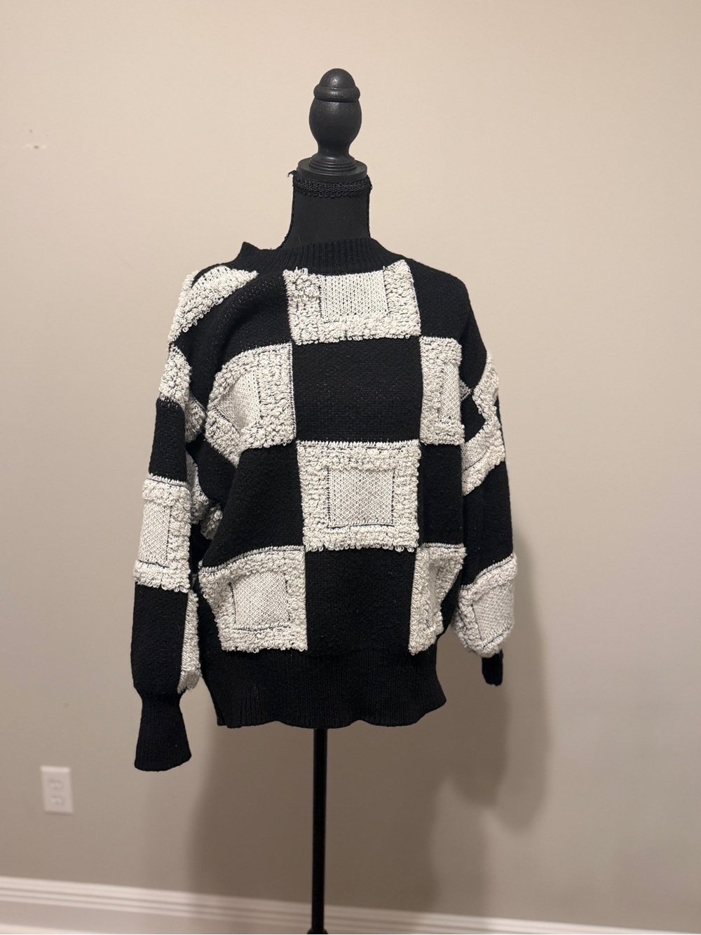Black and White Checker Knit Sweater - Womens
